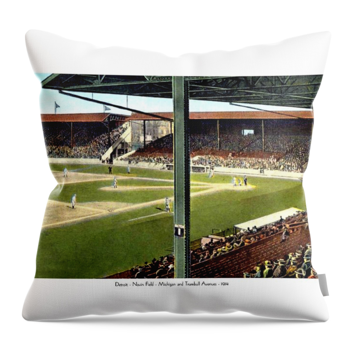 Navin Throw Pillow featuring the digital art Detroit - Navin Field - Detroit Tigers - Michigan and Trumbull Avenues - 1914 by John Madison