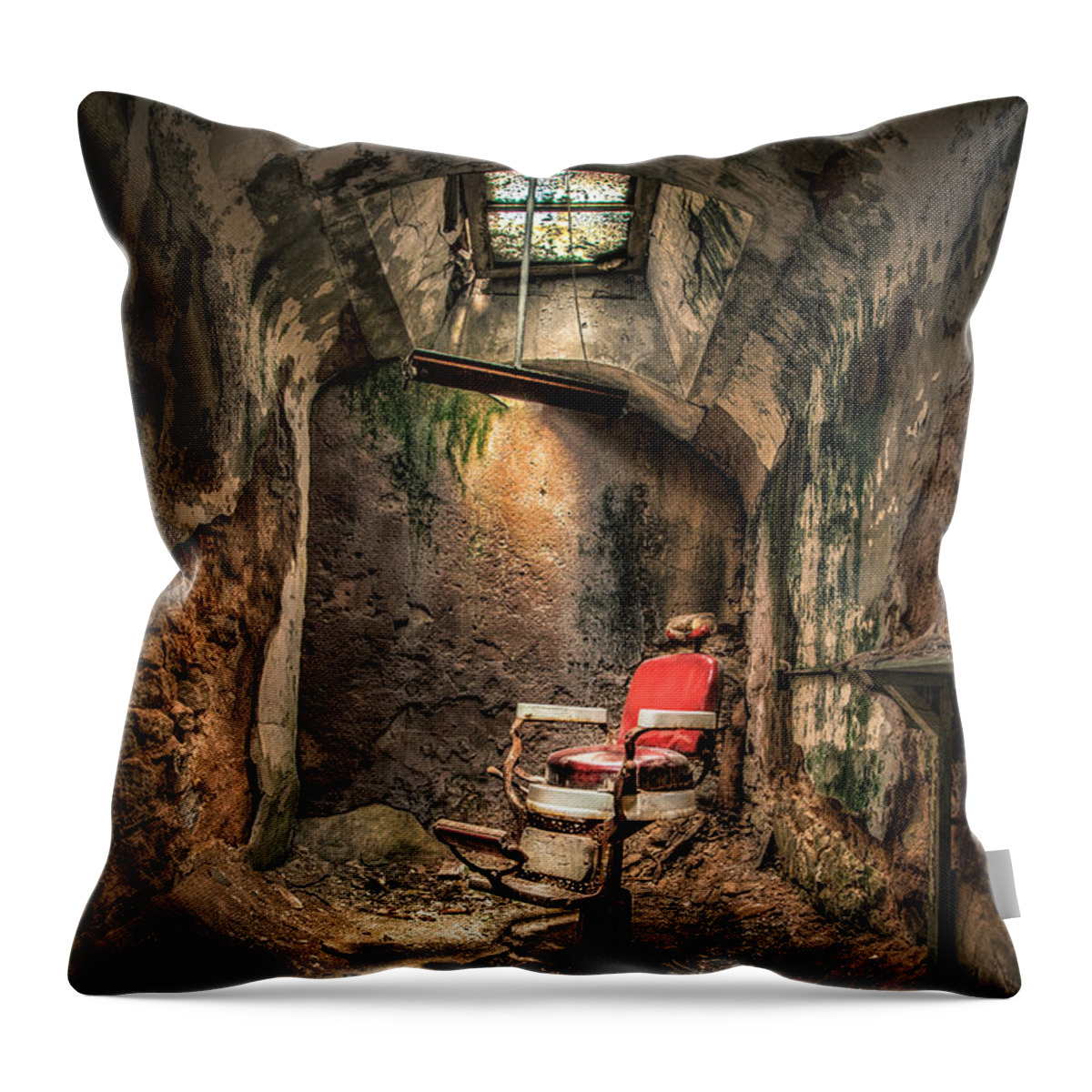 Barber Throw Pillow featuring the photograph Devils Haircut - Barbers Chair in Cell Block 10 by Gary Heller