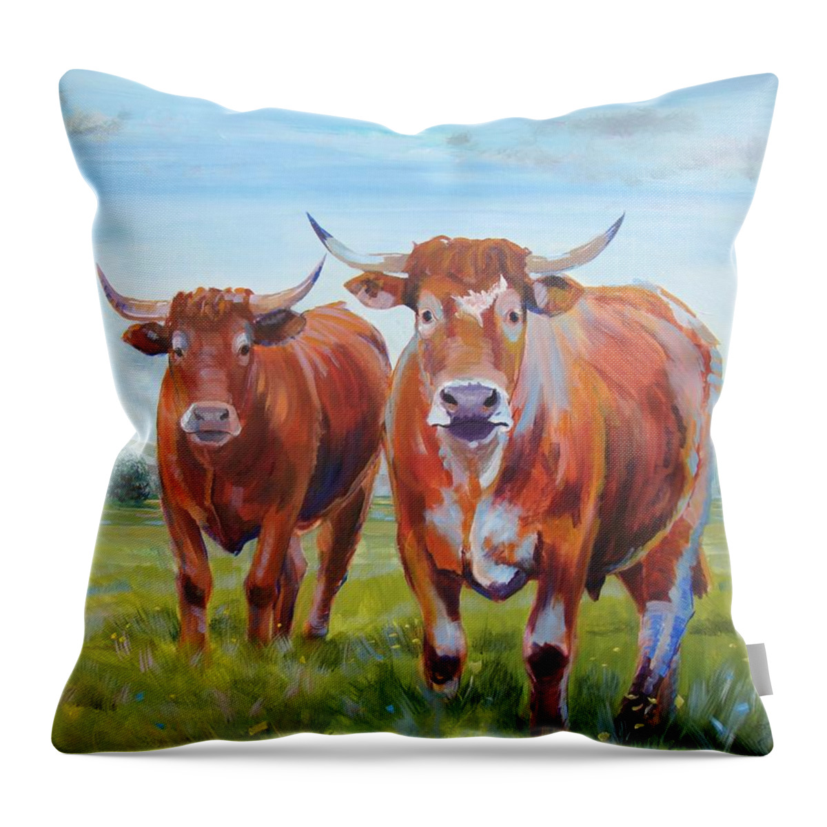 Ruby Red Cow Throw Pillow featuring the painting Devon Cattle by Mike Jory