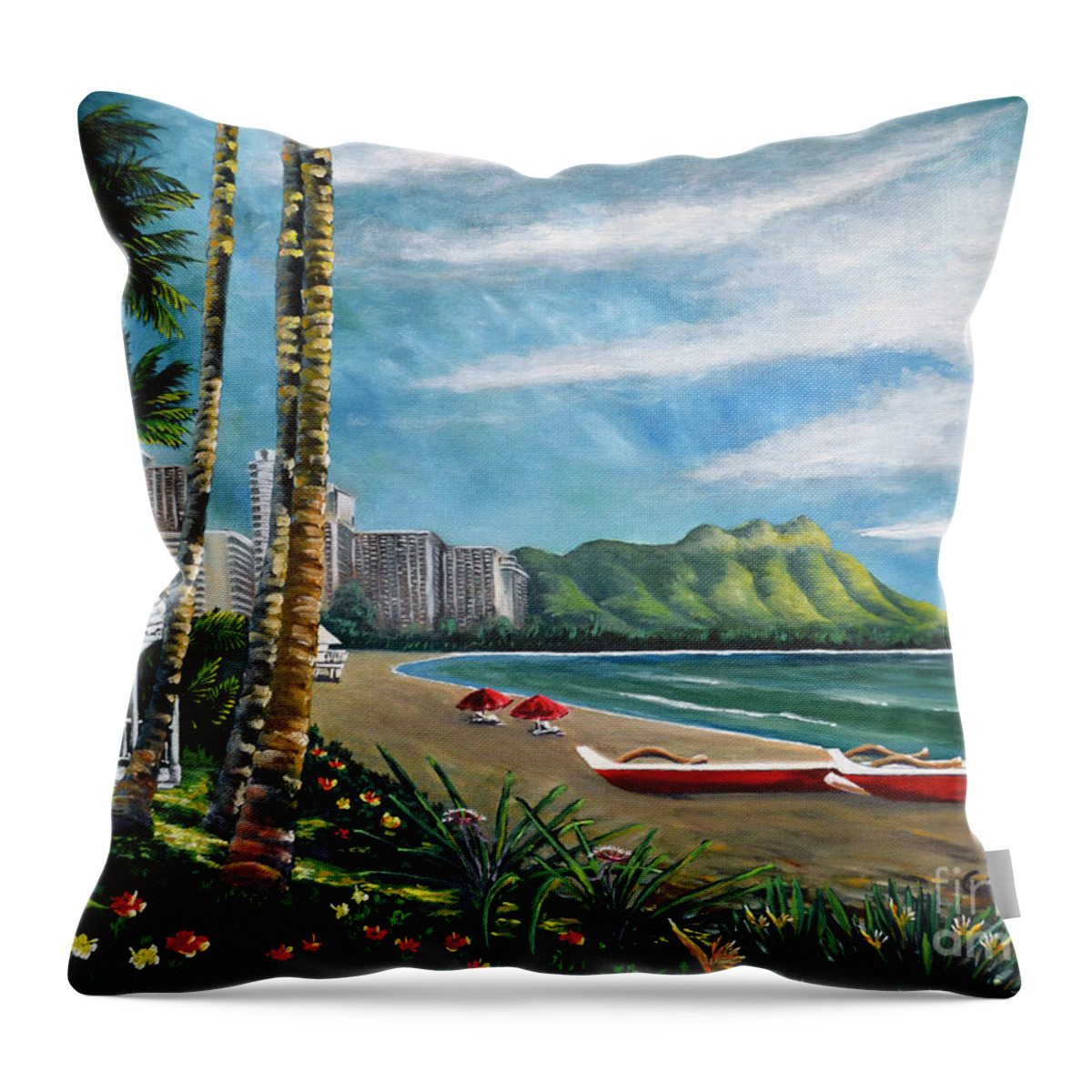 Diamond Head Throw Pillow featuring the painting Diamond Head Waikiki by Larry Geyrozaga