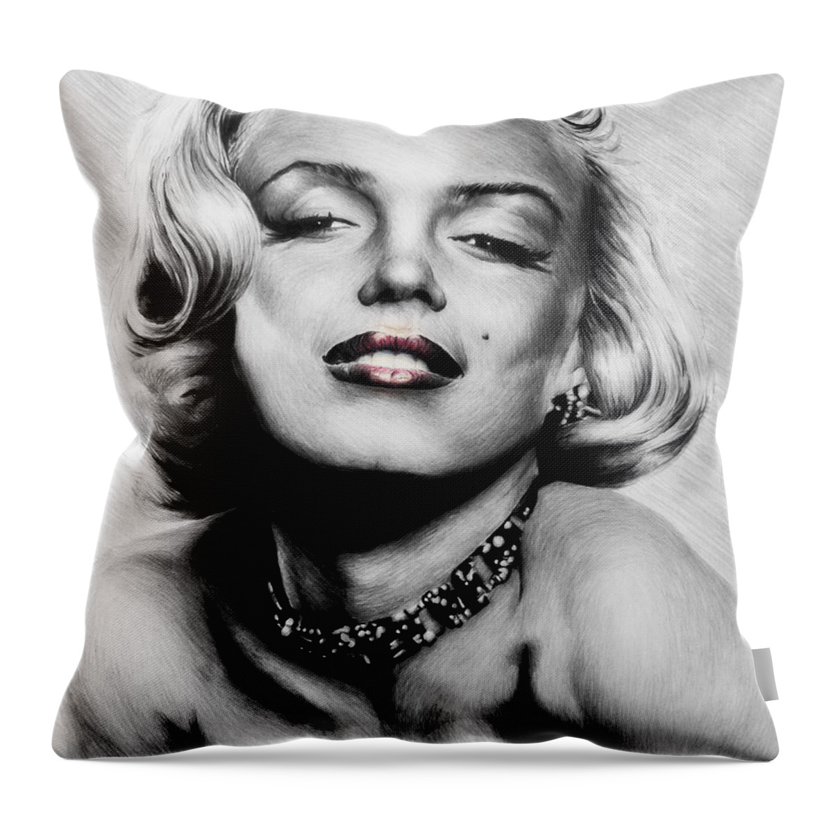 Marilyn Throw Pillow featuring the drawing Diamonds are a girls best friend  hot lips edition by Andrew Read