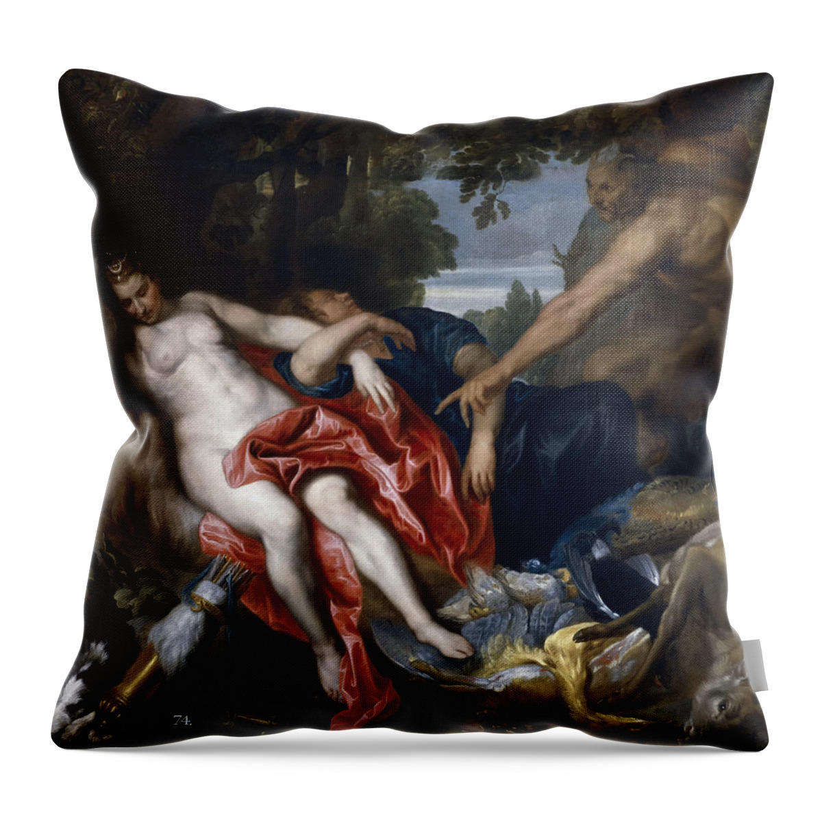 Anthony Van Dyck Throw Pillow featuring the painting Diana and her Nymph surprised by Satyr by Anthony van Dyck