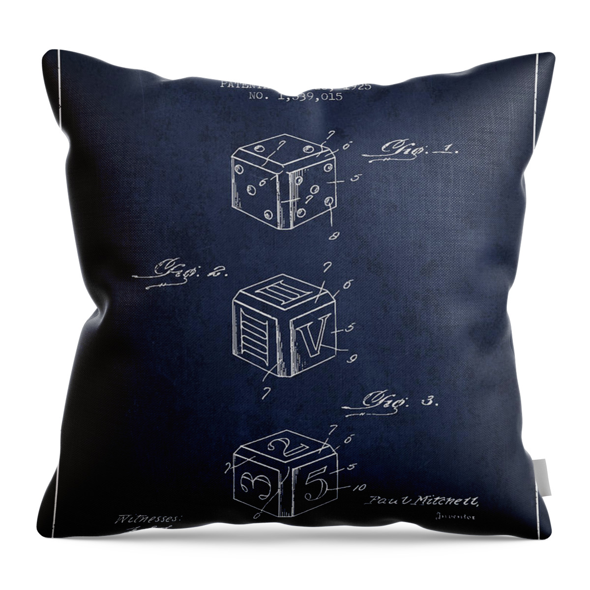 Dice Throw Pillow featuring the digital art Dice Apparatus Patent from 1925 - Navy Blue by Aged Pixel