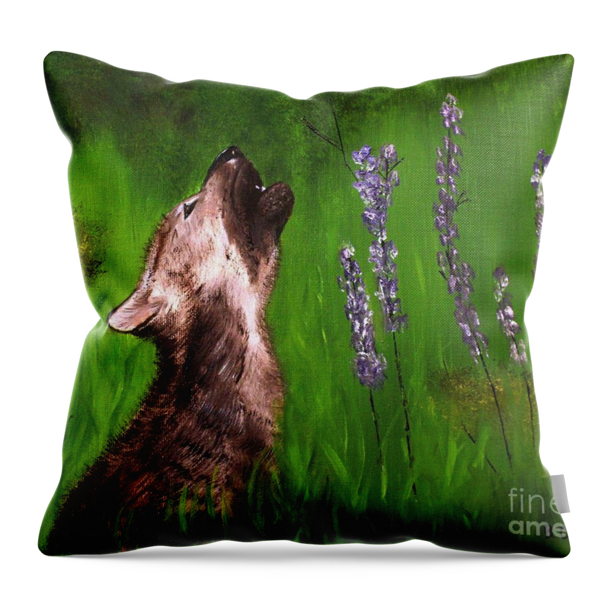 Wolf Pup Throw Pillow featuring the painting Discovering His Voice by Bev Conover