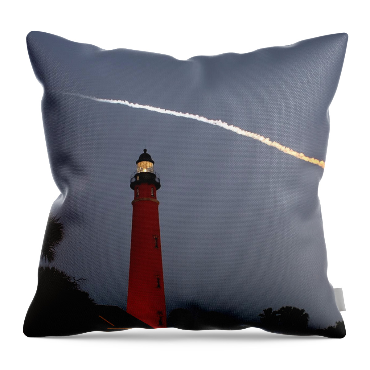 Space Throw Pillow featuring the photograph Discovery Booster Separation over Ponce Inlet Lighthouse by Paul Rebmann
