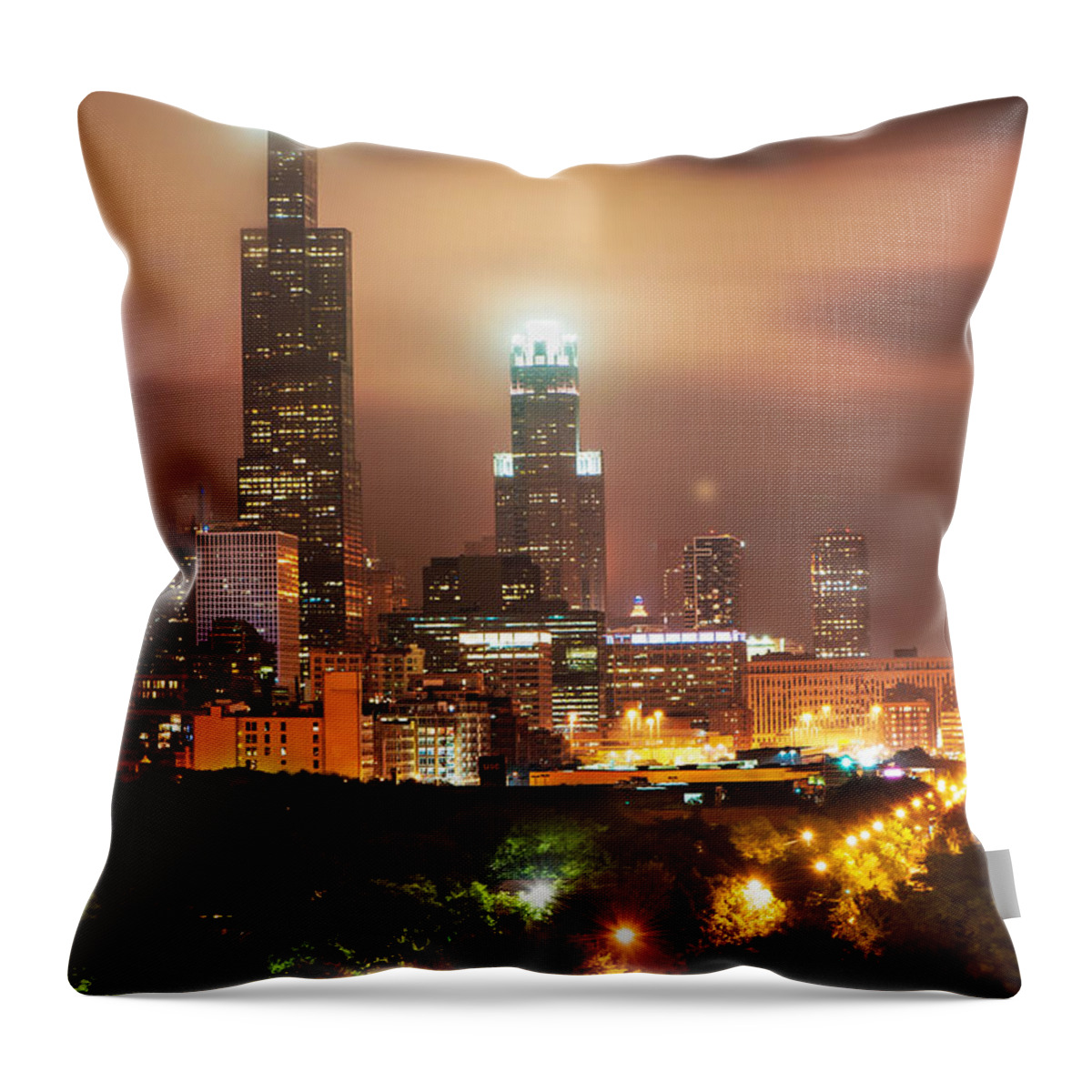America Throw Pillow featuring the photograph Distant Lights - Chicago Illinois Skyline by Gregory Ballos