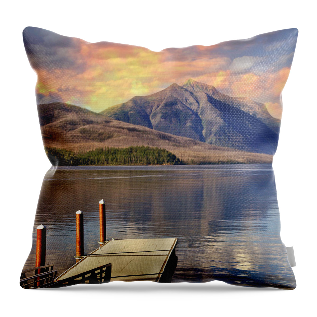 Lake Mcdonald Throw Pillow featuring the photograph Dock on Lake McDonald by Marty Koch