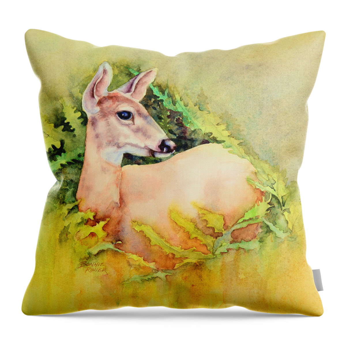 Doe Throw Pillow featuring the painting Doe in Ferns by Bonnie Rinier