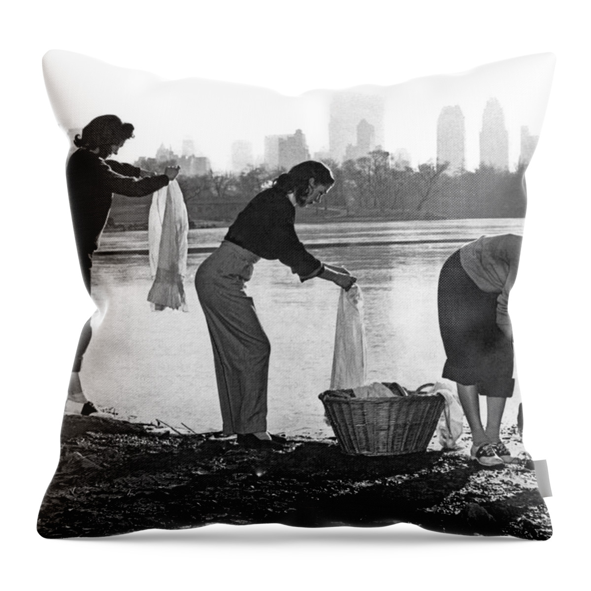 1940's Throw Pillow featuring the photograph Doing Laundry In Central Park by Underwood Archives