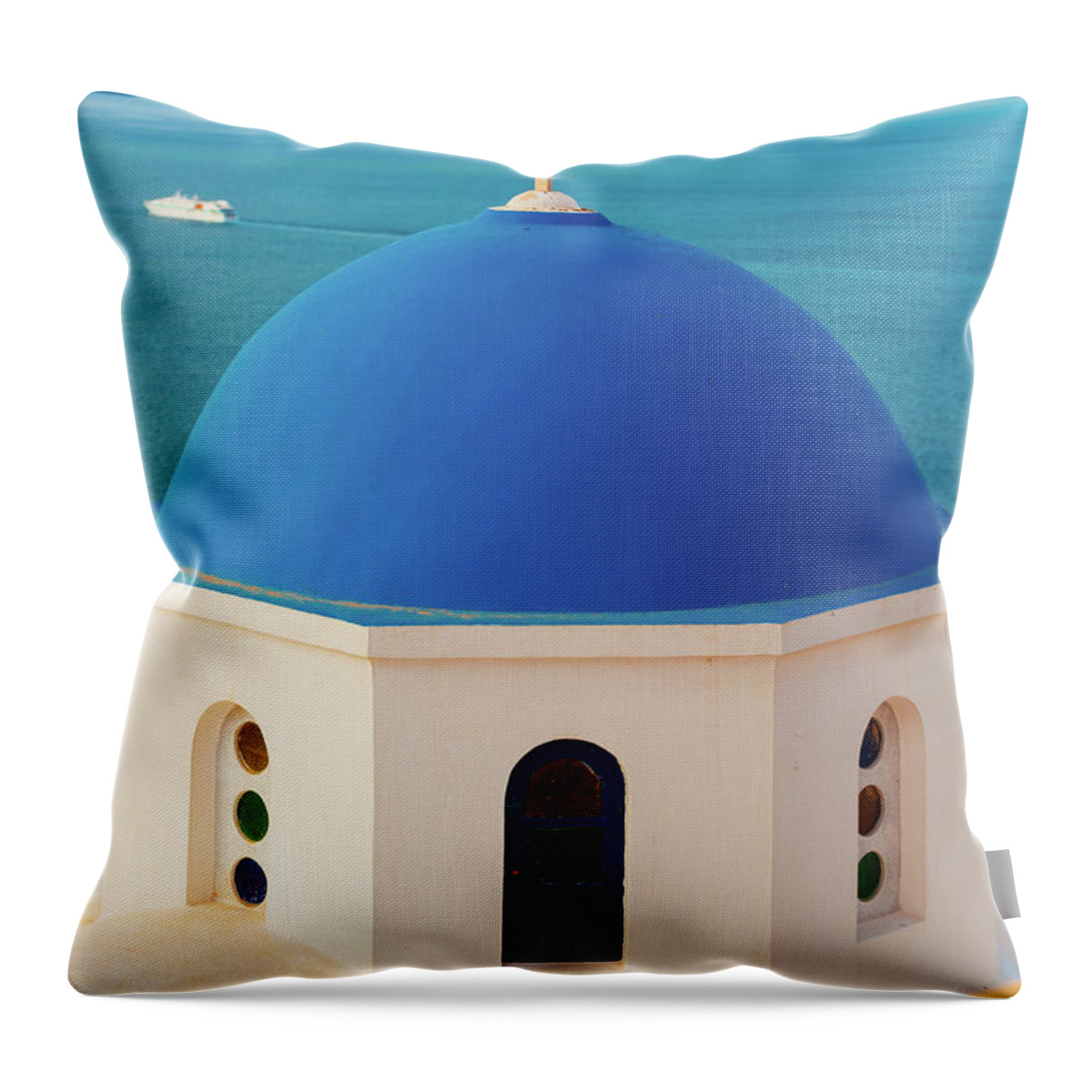 Scenics Throw Pillow featuring the photograph Domed Church In Oia, Santorini, Greece by Deimagine