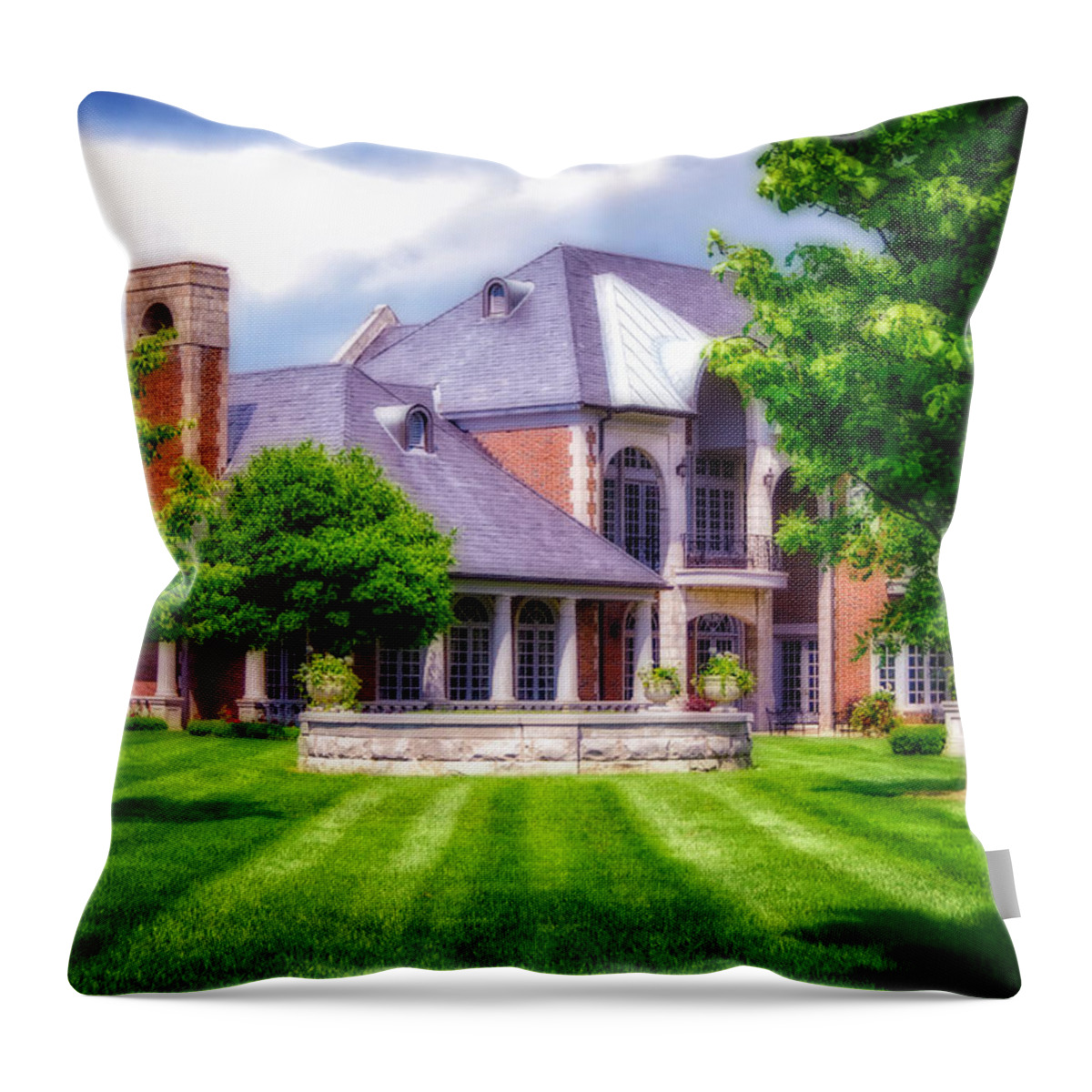 Donamire Horse Farm. Mansion. Home. House. Brick Home. Architecture. Trees. Landscape. Lawn. Grass. Fence. Stone Fence. Flowers. Shrubs. Cloudy Skies. Fireplace. Photography. Digital Art. Print. Canvas. Nature. Wildlife. Throw Pillow featuring the photograph Donamire Farms by Mary Timman
