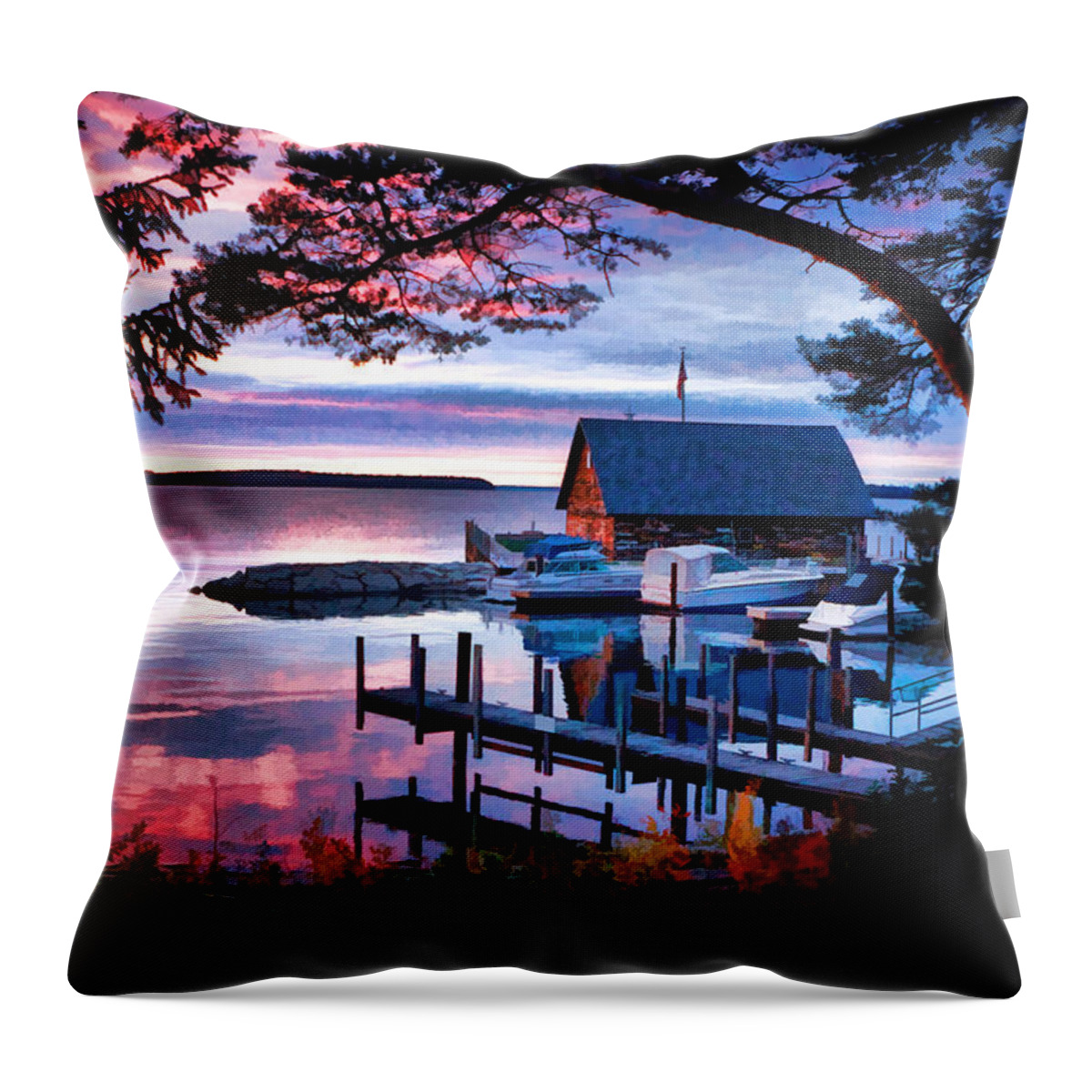 Anderson Dock Throw Pillow featuring the painting Door County Anderson Dock Sunset by Christopher Arndt