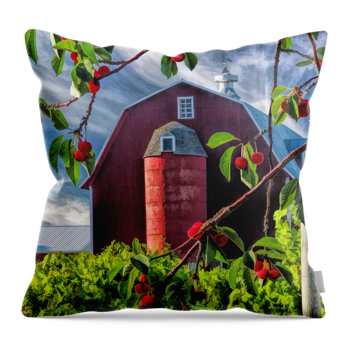 Door County Throw Pillow featuring the painting Door County Cherry Harvest Red Barn by Christopher Arndt