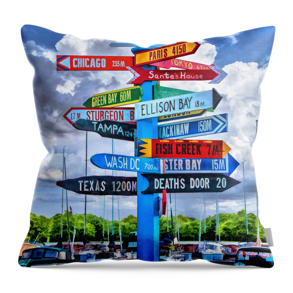Door County Throw Pillow featuring the painting Door County Directional Sign in Egg Harbor by Christopher Arndt