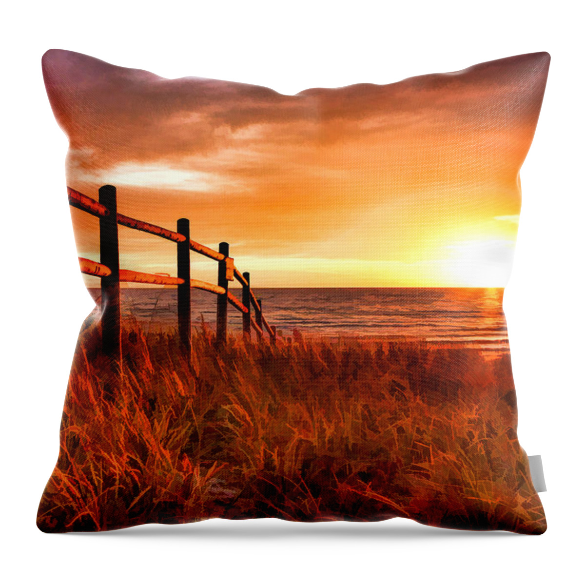 Door County Throw Pillow featuring the painting Door County Europe Bay Fence Sunrise by Christopher Arndt