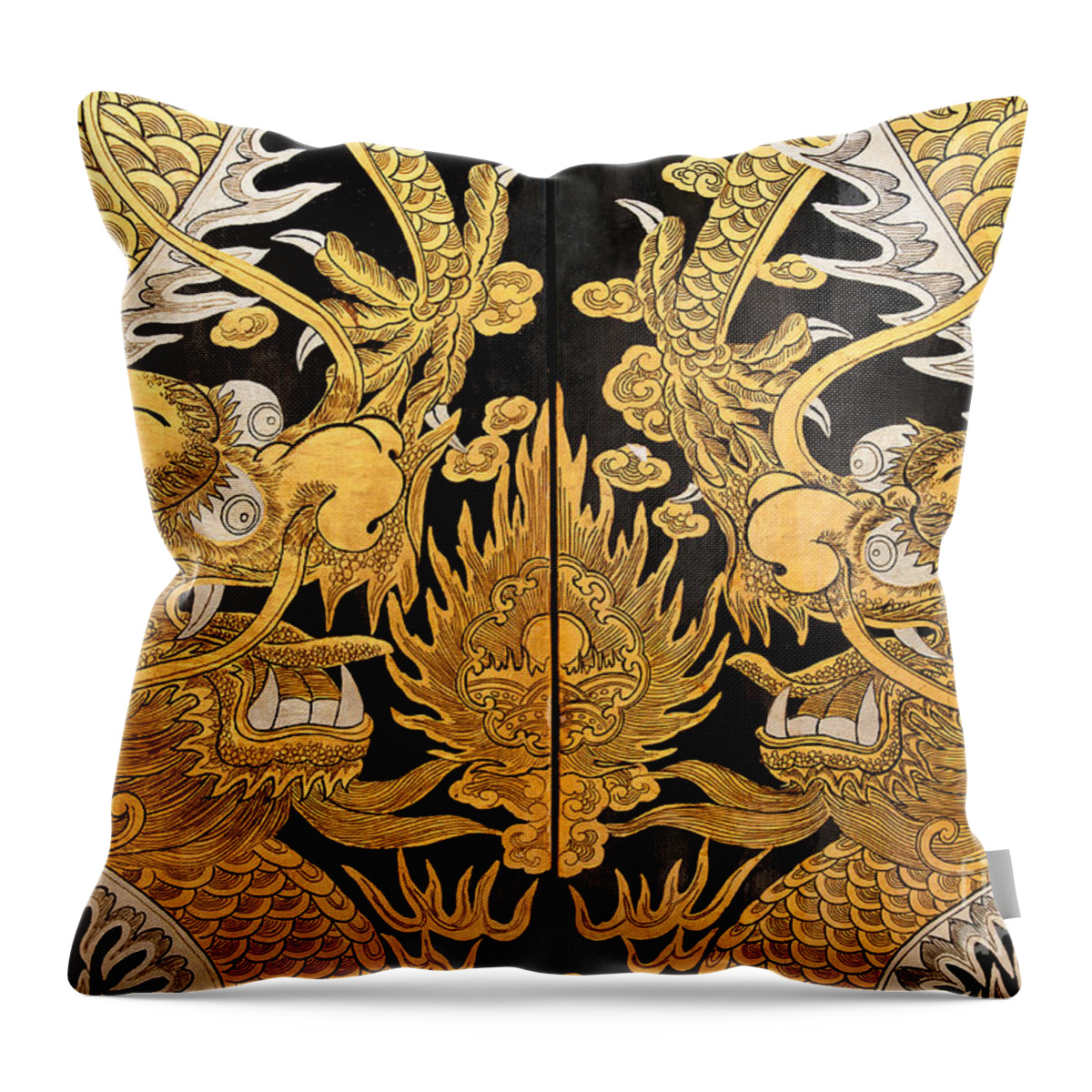 Gold Throw Pillow featuring the photograph Door Dragons 01 by Rick Piper Photography
