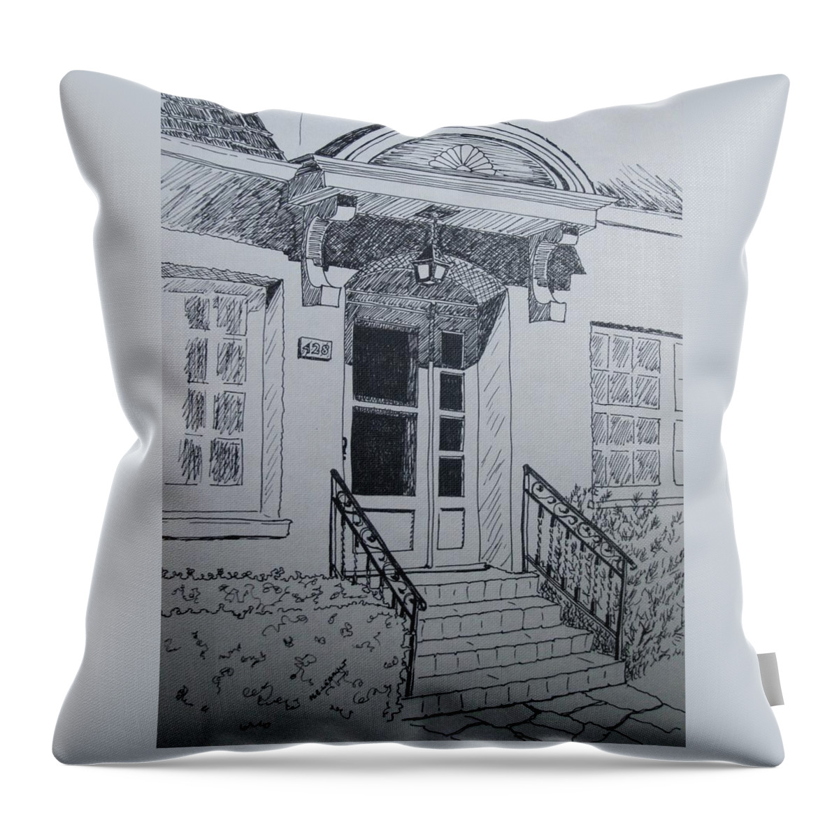 Pen And Ink Throw Pillow featuring the drawing Doorway by Mary Ellen Mueller Legault