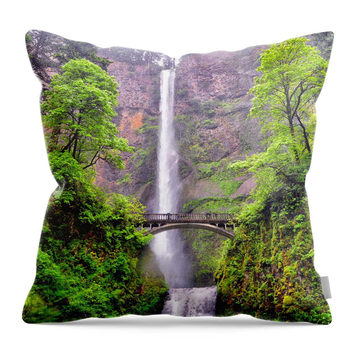 Multnomeh Falls Throw Pillow featuring the photograph Double Falls - Multnomeh Falls - Columbia River Gorge - Oregon by Bruce Friedman