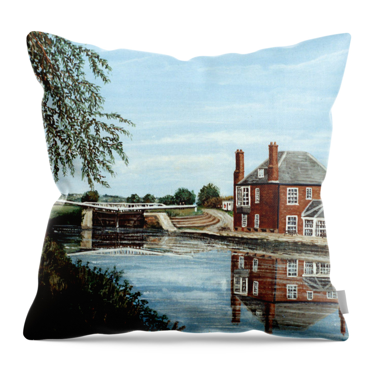 Exeter Throw Pillow featuring the painting Double Locks and Exeter Ship Canal Devon by Mackenzie Moulton