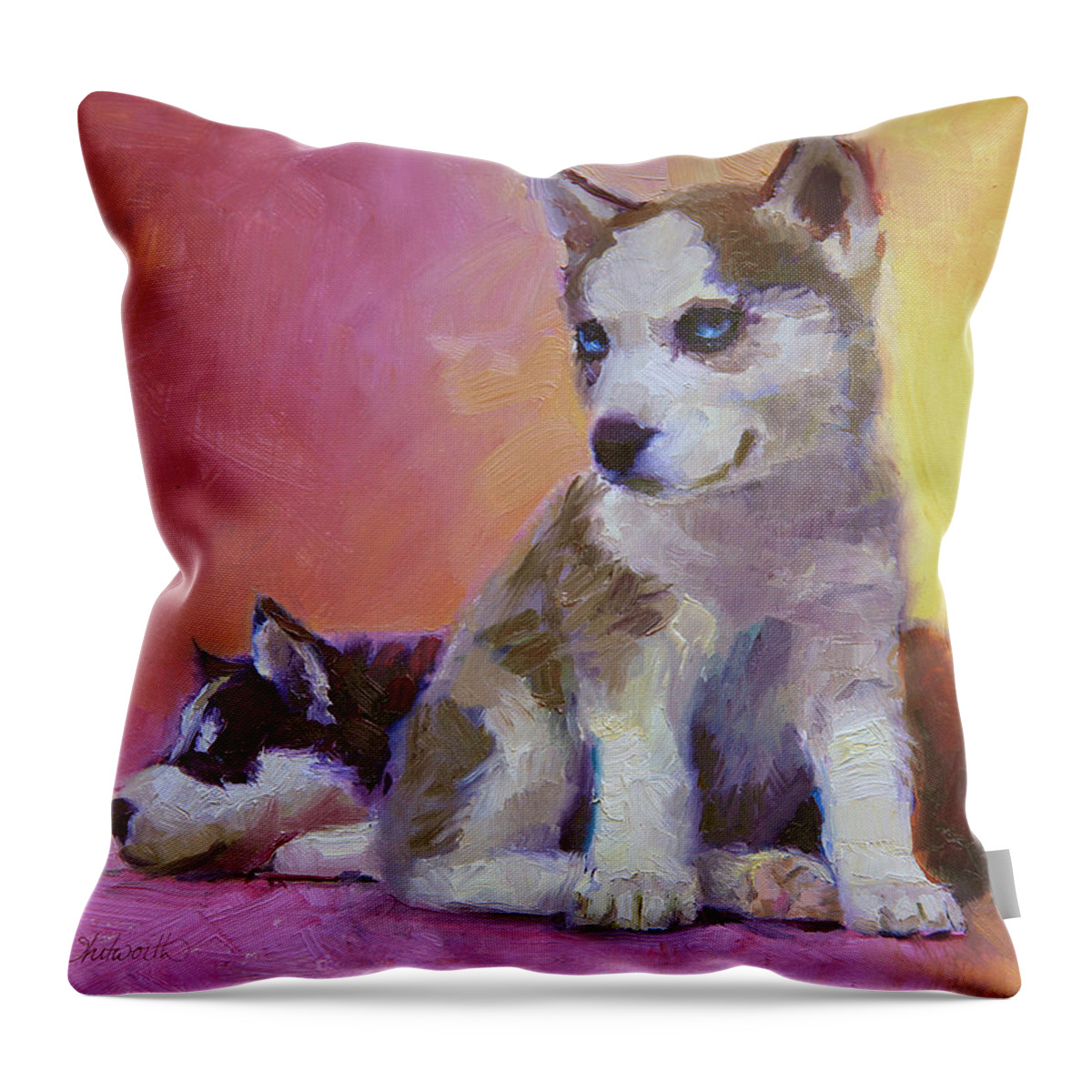 Husky Art Throw Pillow featuring the painting Double Trouble - Alaskan Husky Sled Dog Puppies by K Whitworth