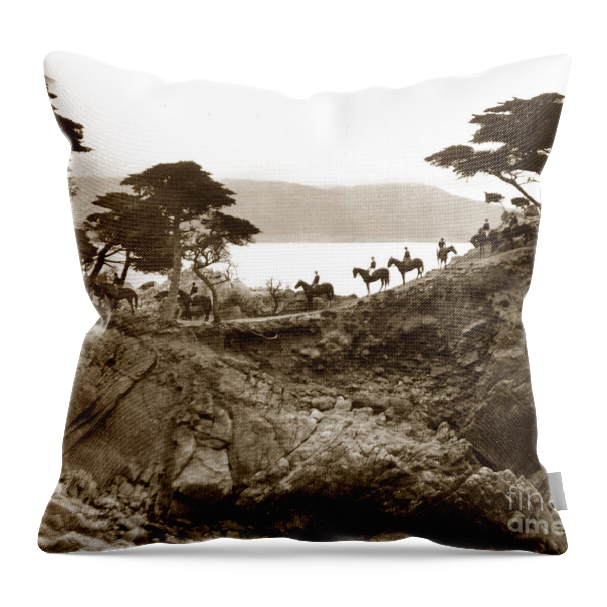 Lone Cypress Throw Pillow featuring the photograph Douglas School for Girls at Lone Cypress tree Pebble Beach 1932 by Monterey County Historical Society