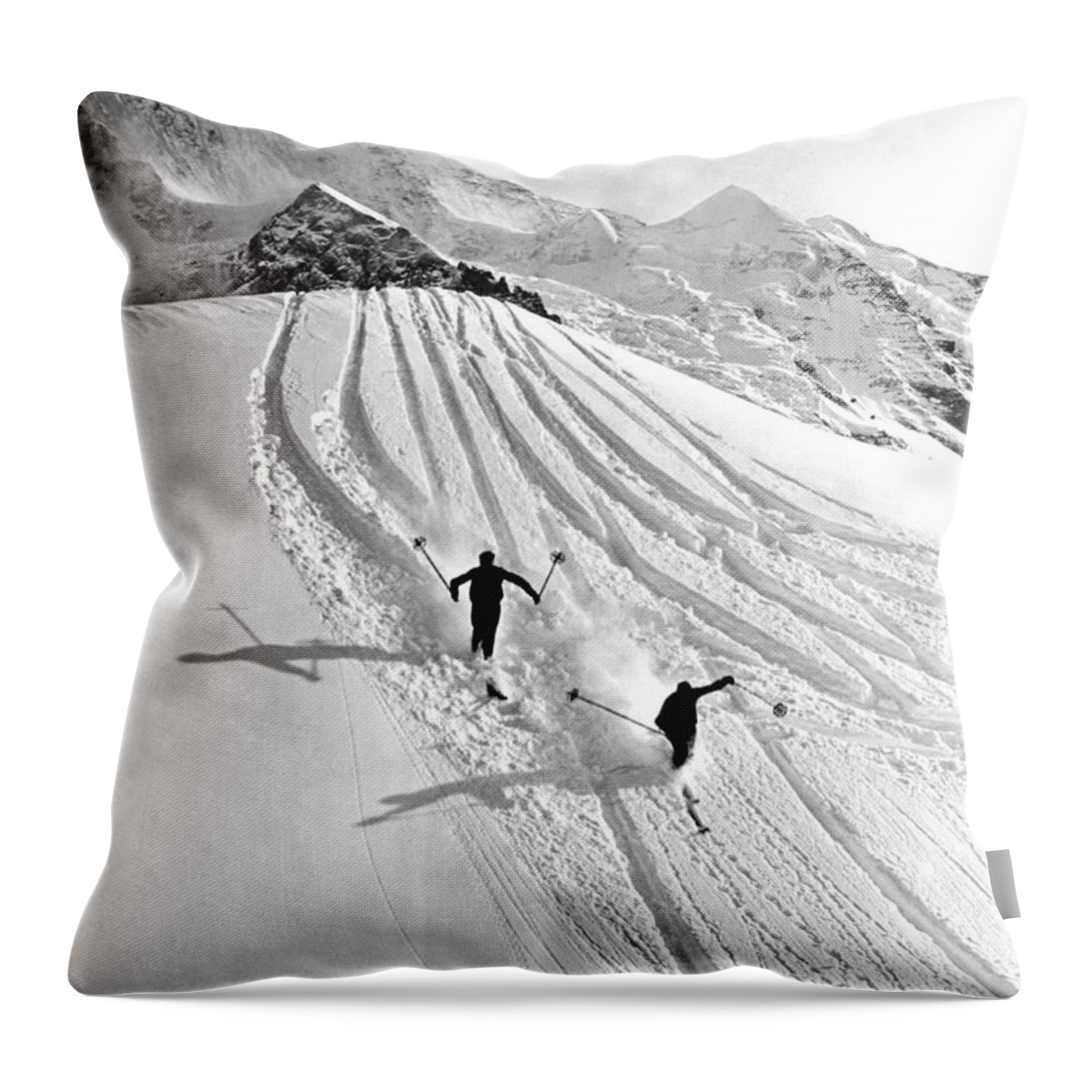 1937 Throw Pillow featuring the photograph Downhill Skiing In Powder by Underwood Archives