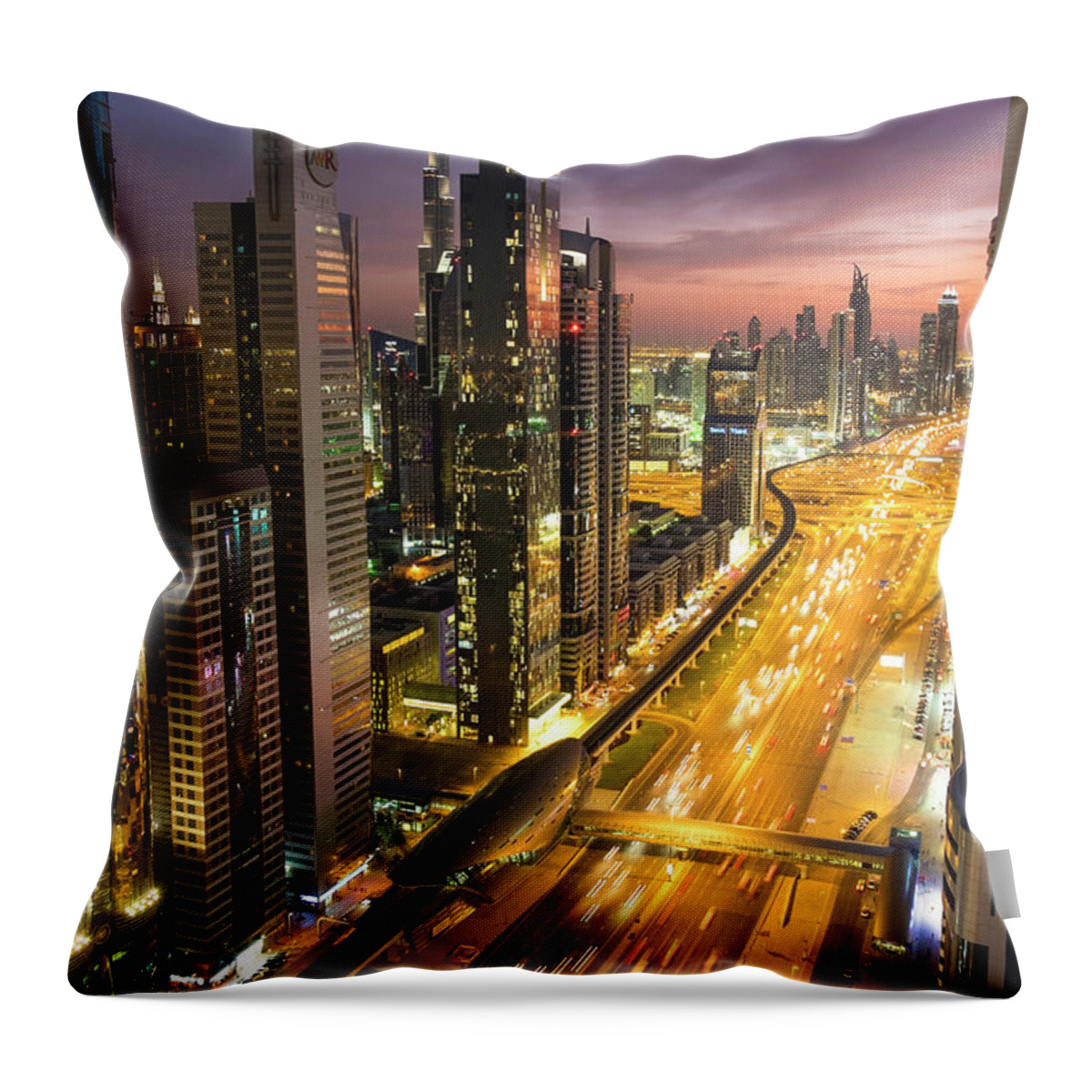 Curve Throw Pillow featuring the photograph Downtown And Sheikh Zayed Road At Dusk by Peter Adams