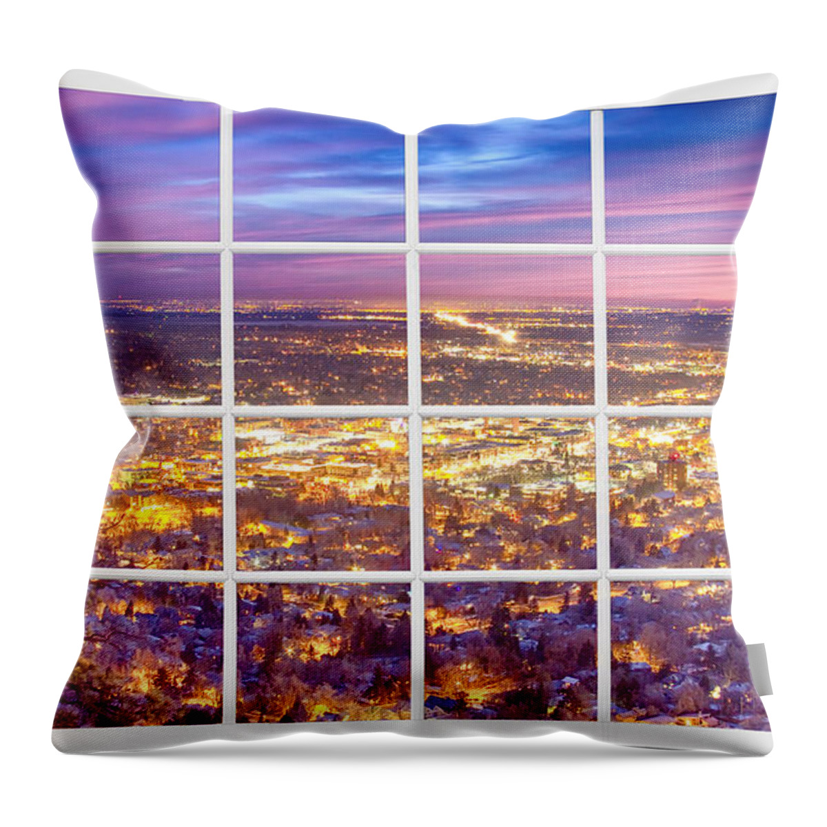 Boulder Colorado Throw Pillow featuring the photograph Downtown Boulder Colorado City Lights Sunrise Window View 8LG by James BO Insogna