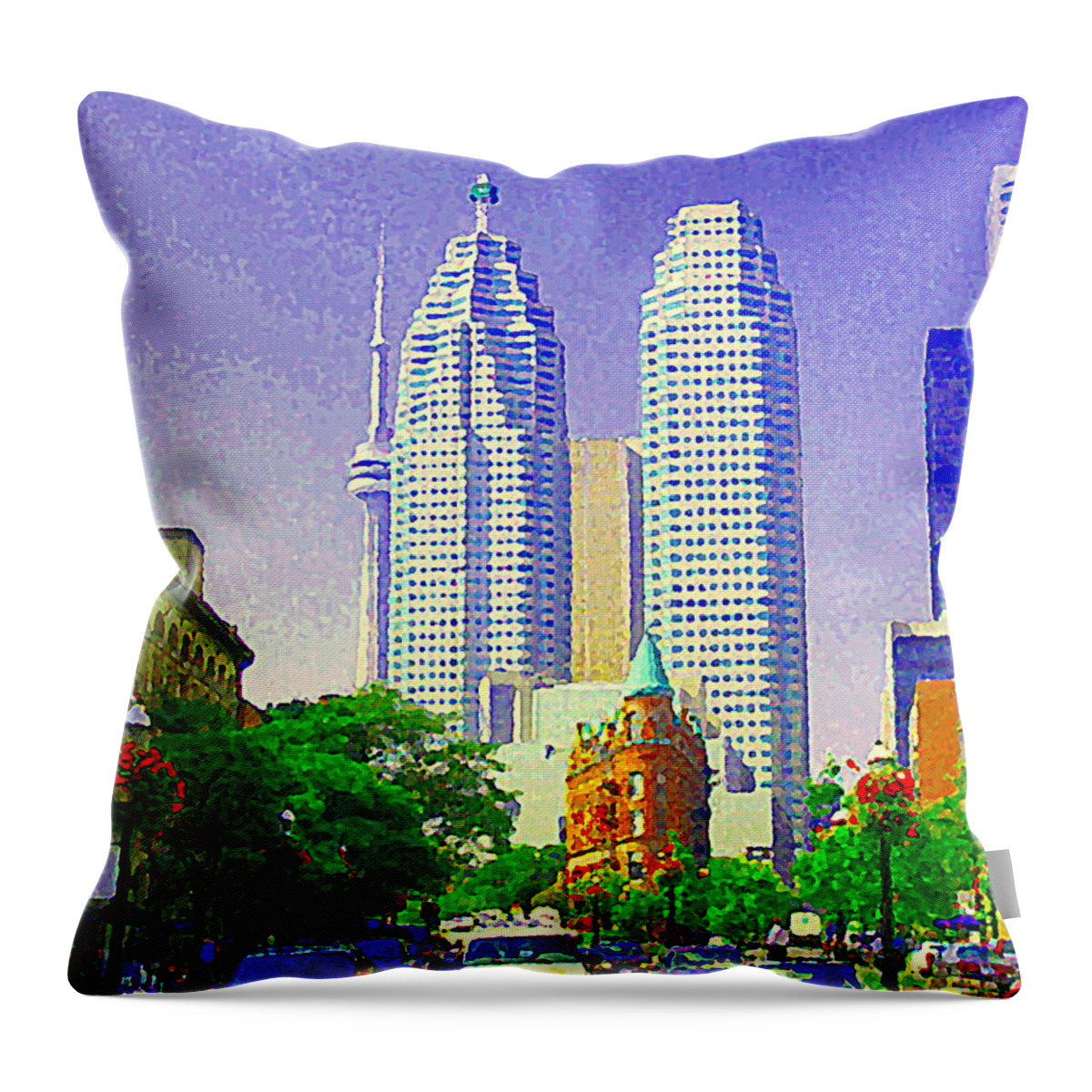 Toronto Throw Pillow featuring the painting Downtown Core Flatiron Building And Cn Tower Toronto City Scenes Paintings Canadian Art Cspandau by Carole Spandau