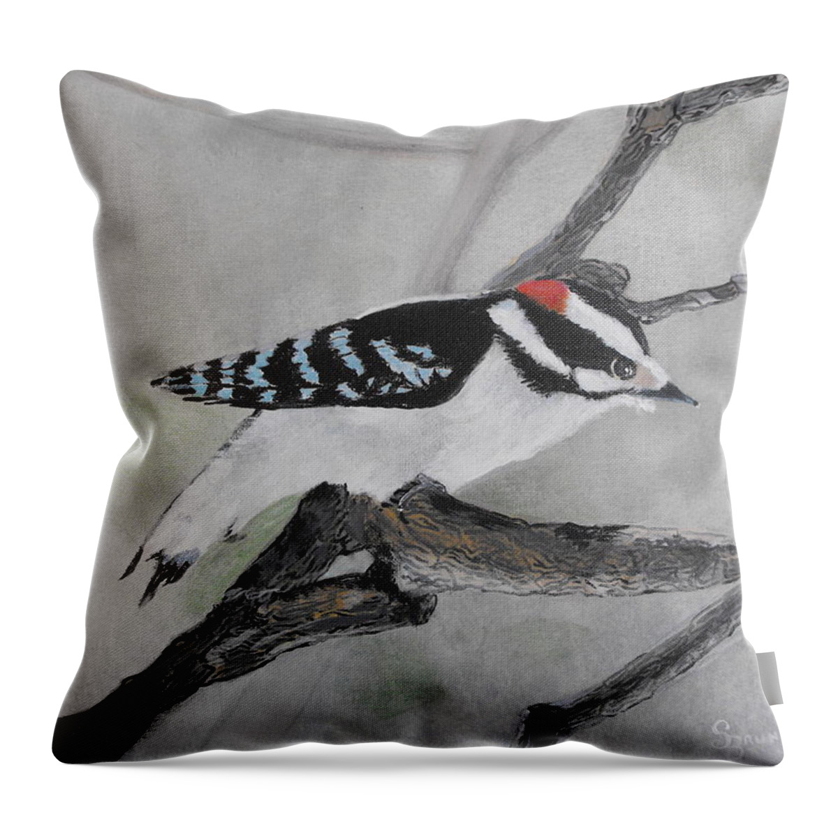 Nature Throw Pillow featuring the painting Downy Woodpecker by Susan Bruner