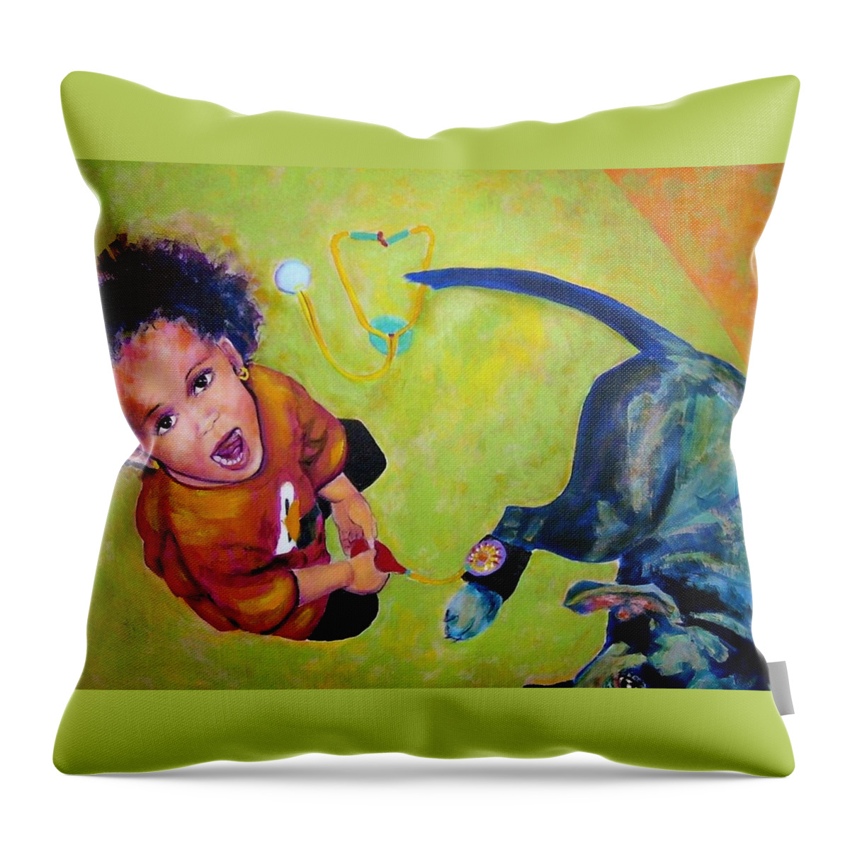 Child Throw Pillow featuring the painting Dr. Nana and the blue dog by Jodie Marie Anne Richardson Traugott     aka jm-ART