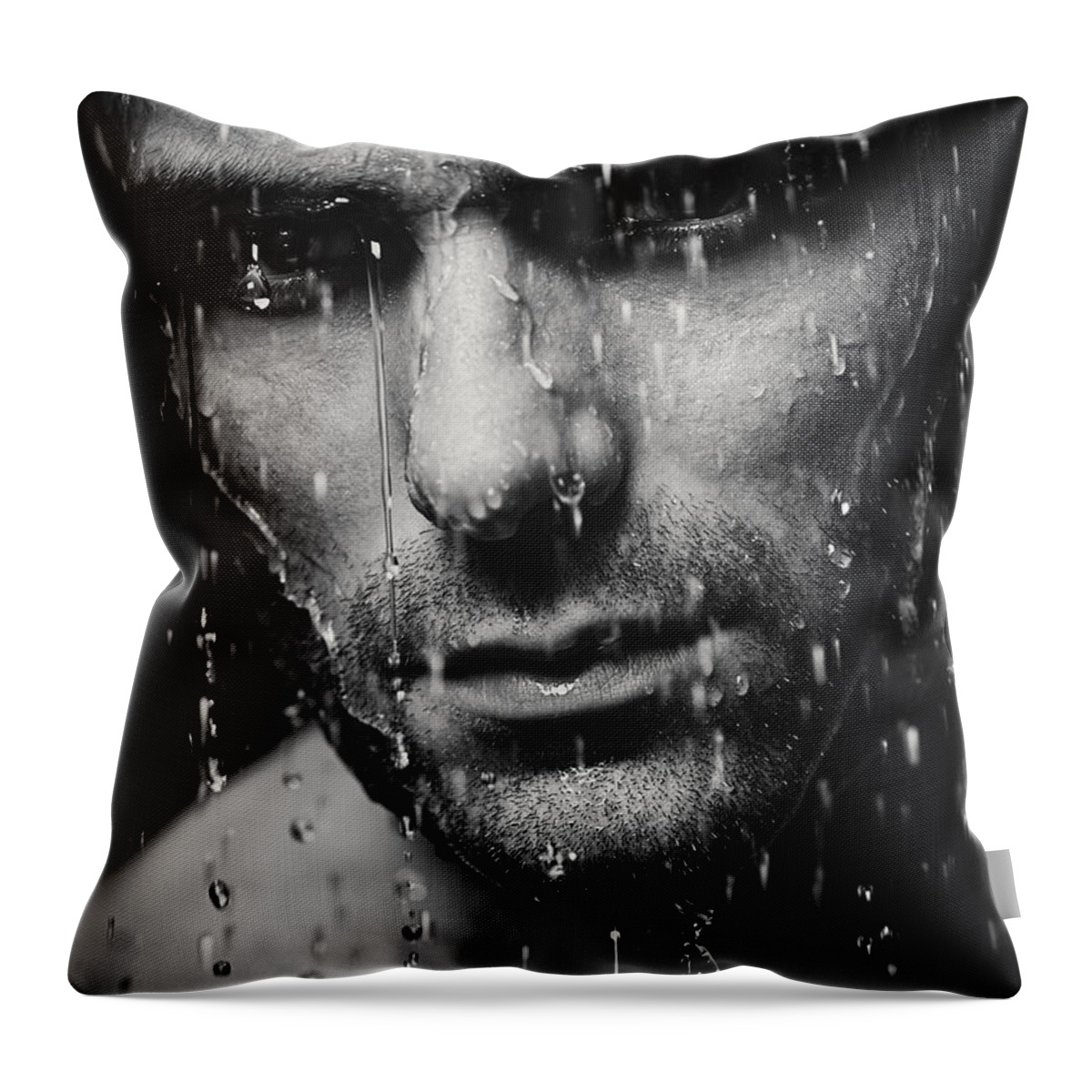 Man Throw Pillow featuring the photograph Dramatic portrait of man wet face Black and white by Maxim Images Exquisite Prints