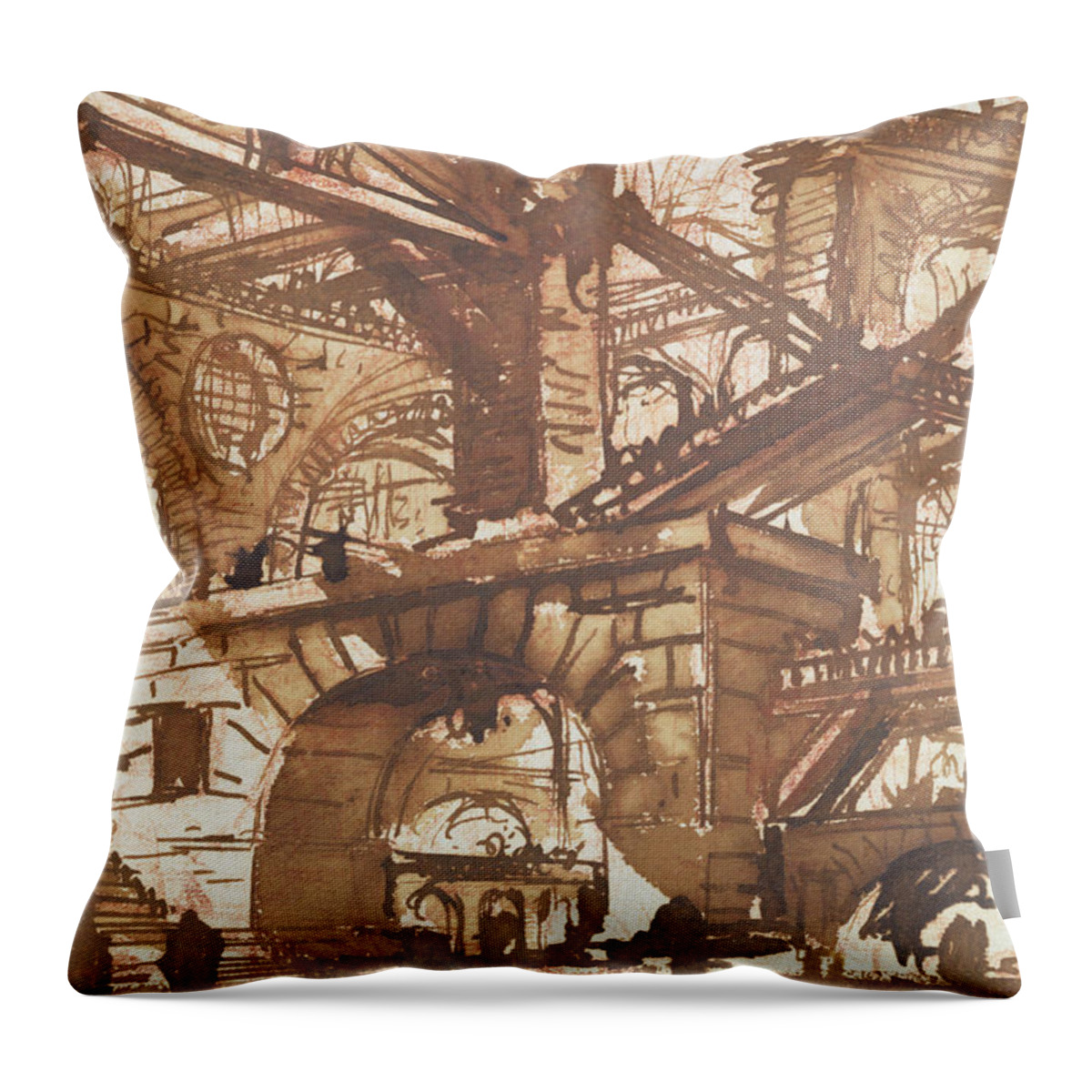 Gaol; Jail; Carceri D'invezione; Fictive; Fantastic; Vaulted; Multi Storey; Interior Throw Pillow featuring the drawing Drawing of an Imaginary Prison by Giovanni Battista Piranesi