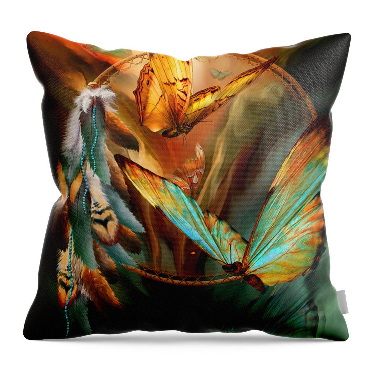 Carol Cavalaris Throw Pillow featuring the mixed media Dream Catcher - Spirit Of The Butterfly by Carol Cavalaris