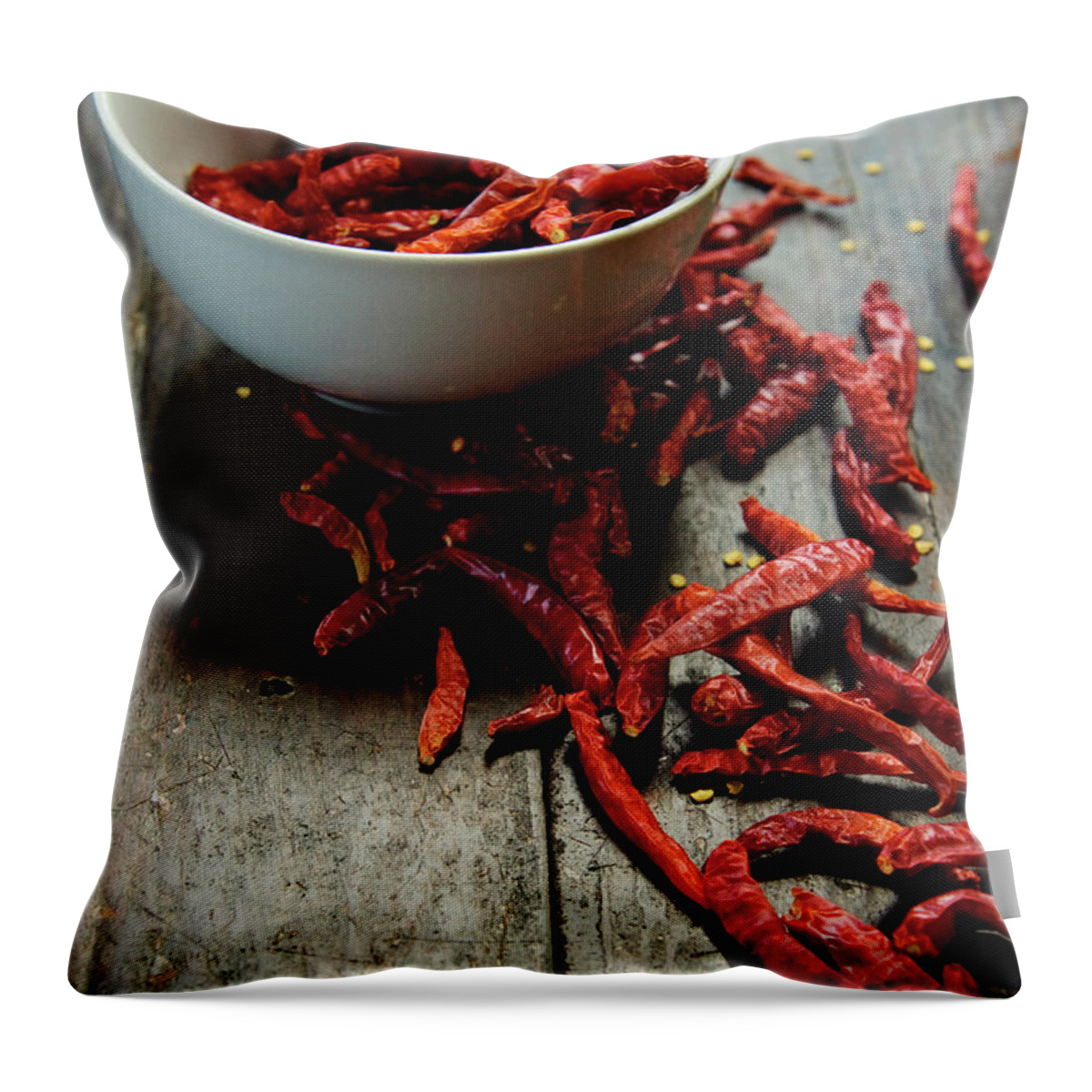 Wood Throw Pillow featuring the photograph Dried Chilies In White Bowl by Lina Aidukaite
