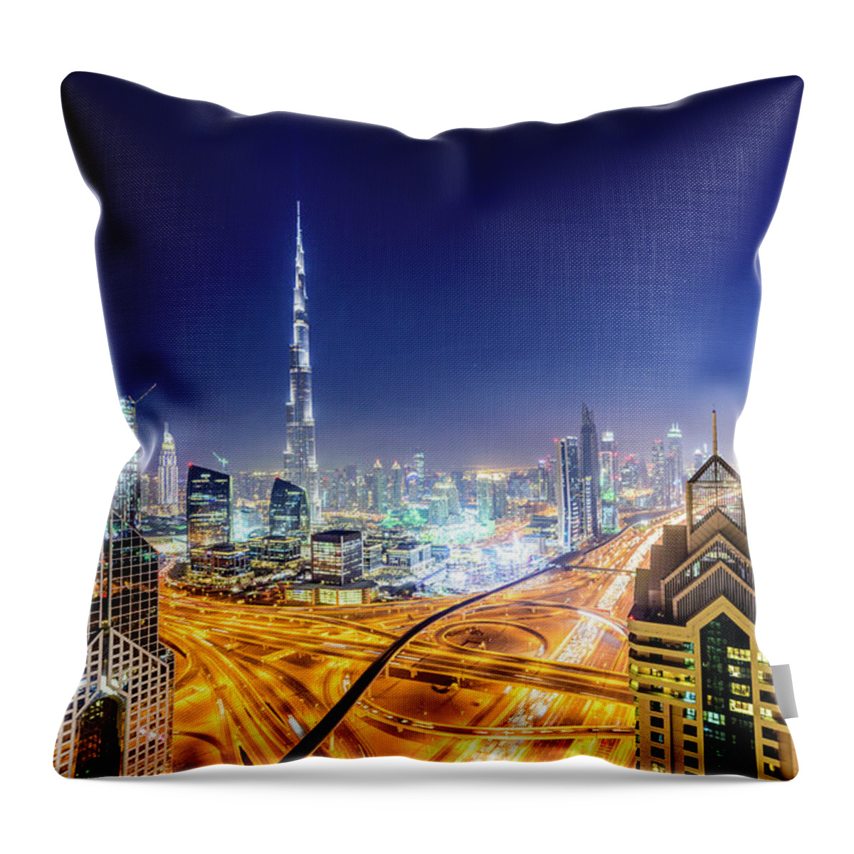 Arabia Throw Pillow featuring the photograph Dubai Downtown Skyline At Night by Johnnygreig