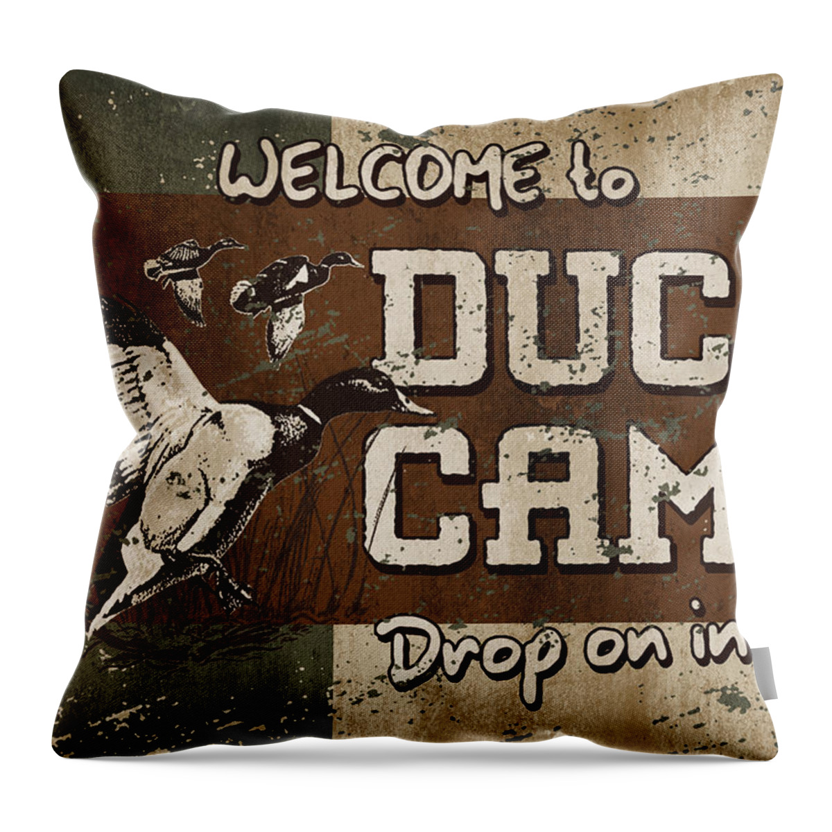 Bruce Miller Throw Pillow featuring the painting Duck camp by JQ Licensing