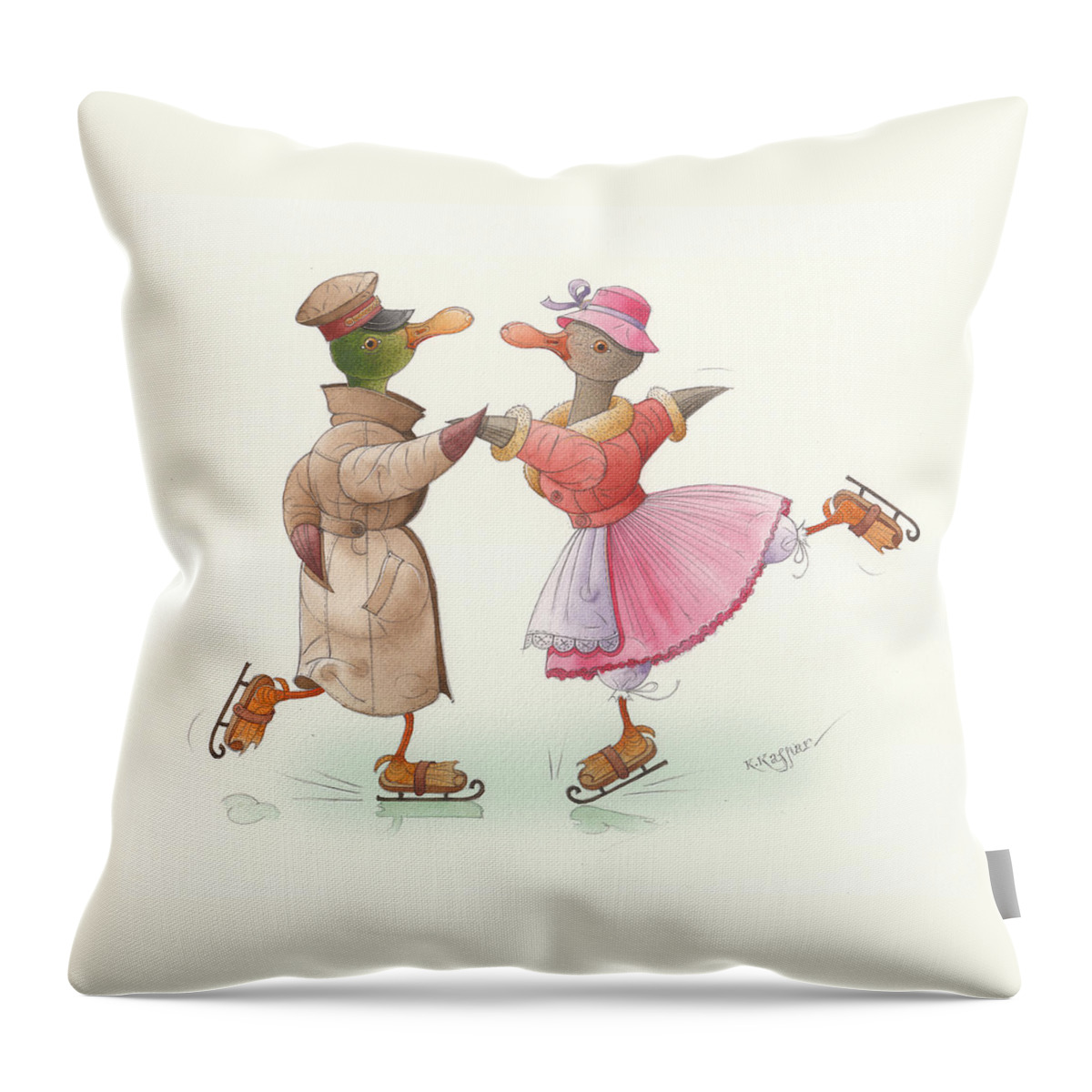 Christmas Winter Snow Skate Ducks Dance Greeting Cards Rose Green White Ice Throw Pillow featuring the painting Ducks on skates 17 by Kestutis Kasparavicius