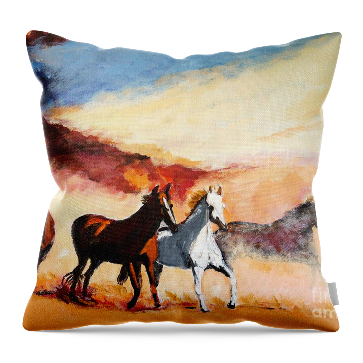 Horses Throw Pillow featuring the painting Dust in the Wind by Judy Kay