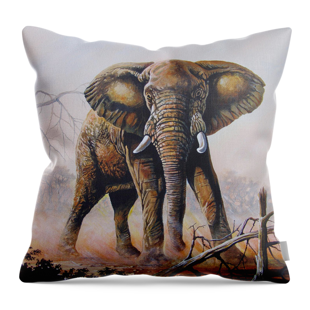 Lone Bull Throw Pillow featuring the painting Dusty Jumbo by Anthony Mwangi
