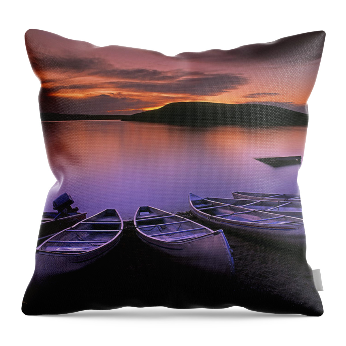 Calming Throw Pillow featuring the photograph D.wiggett Canoes On Shore, Pink And by First Light