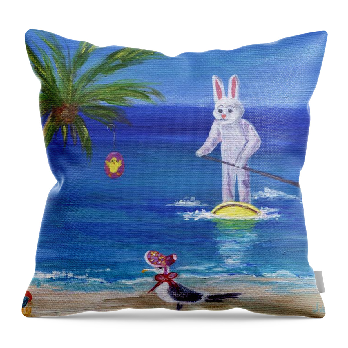 Beach Throw Pillow featuring the painting E Bunny at the Beach by Jamie Frier