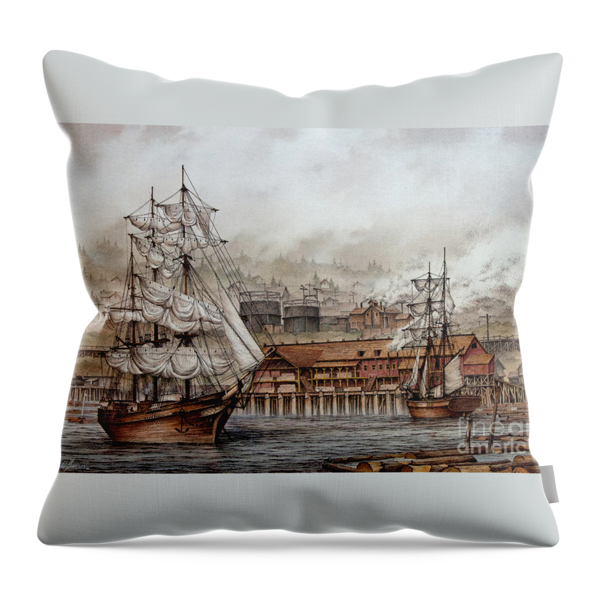 E K Wood Throw Pillow featuring the painting E. K. Wood Lumber Mill by James Williamson