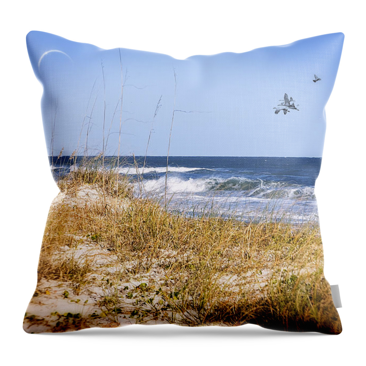 Moon. Ocean. Water. Lake. Waves. Surf. Myrtle Beach Throw Pillow featuring the photograph Early Moon by Mary Timman