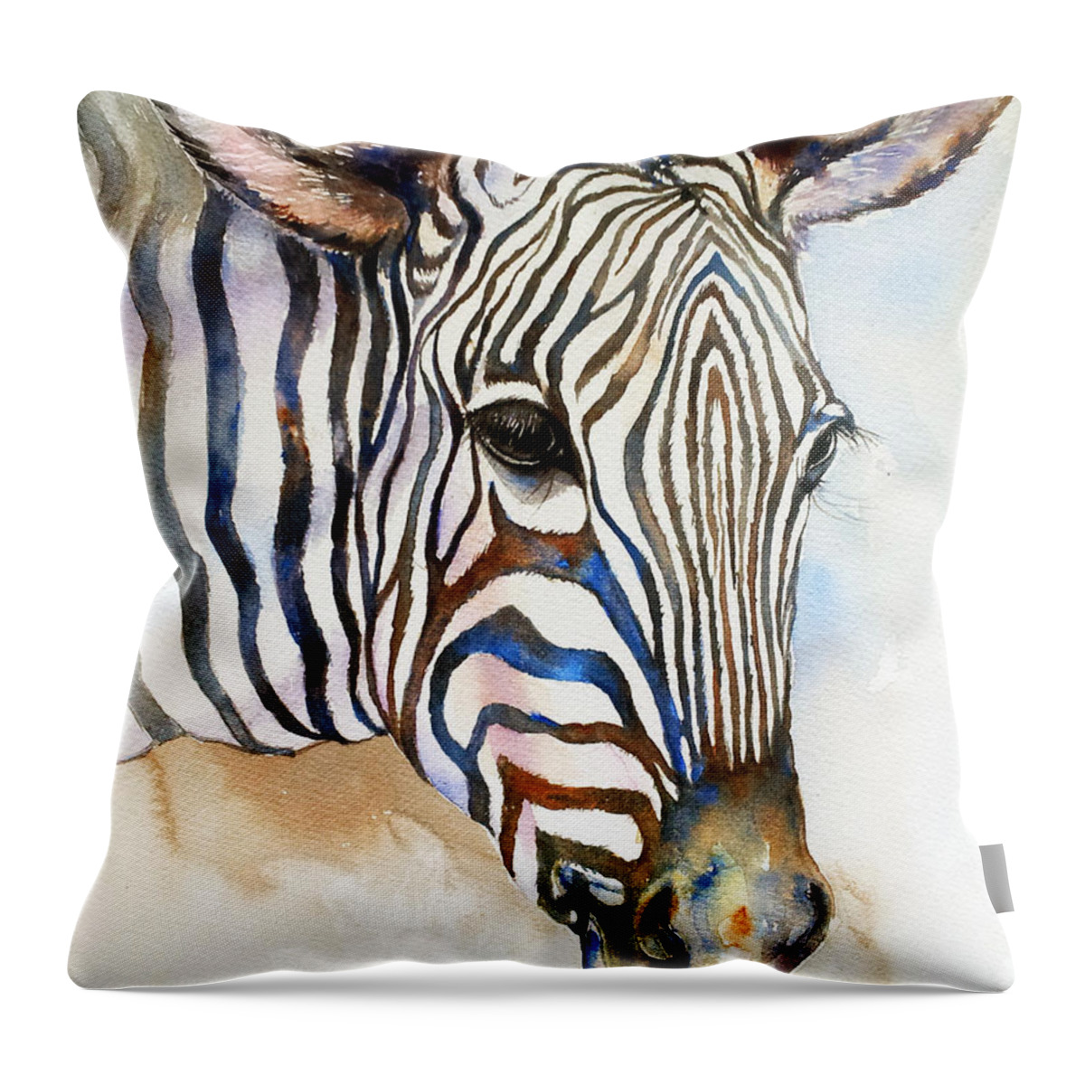 Zebra Throw Pillow featuring the painting Earth and Sky_Zebra Portrait by Arti Chauhan