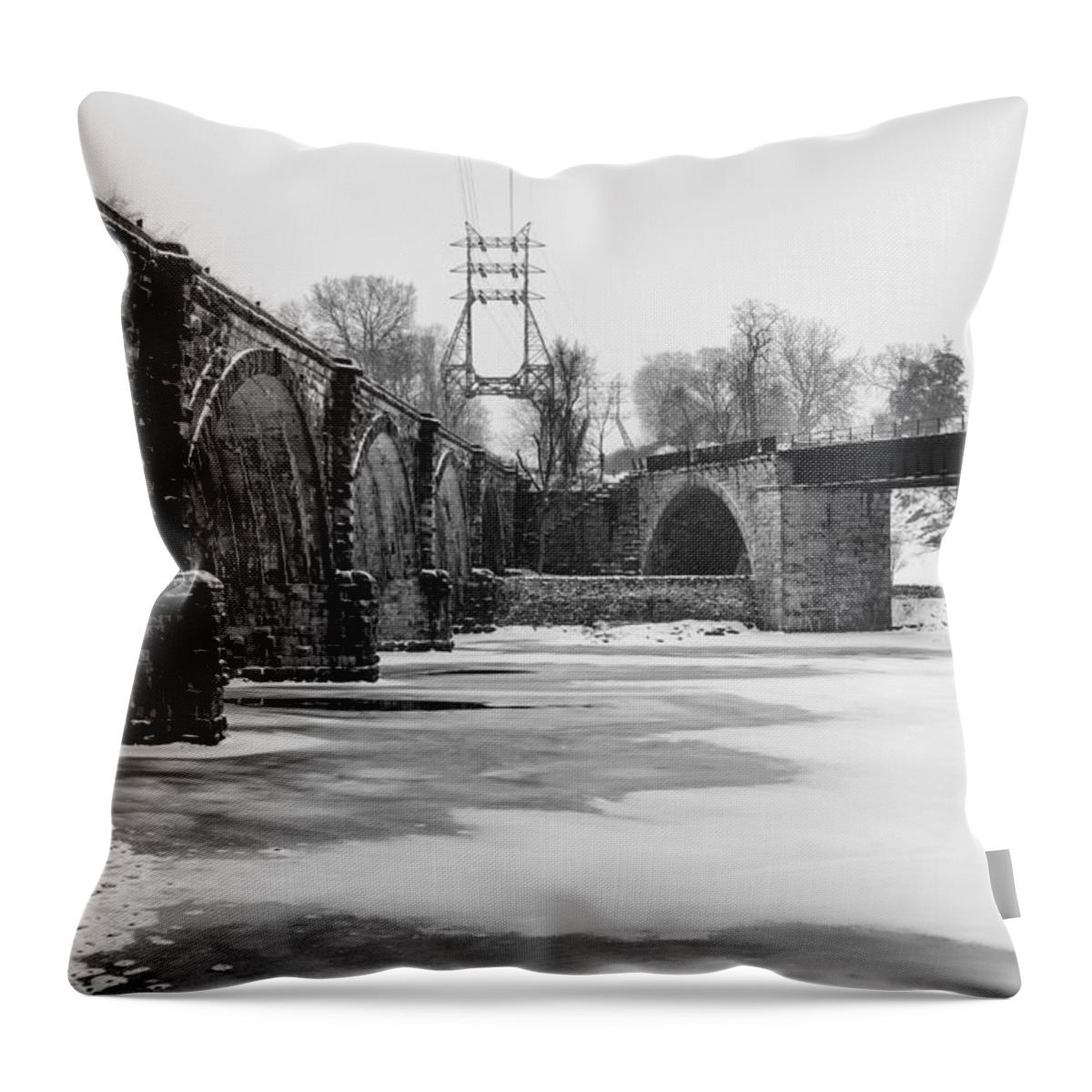 East Throw Pillow featuring the photograph East Falls Railroad Bridges in the Dead of Winter by Bill Cannon
