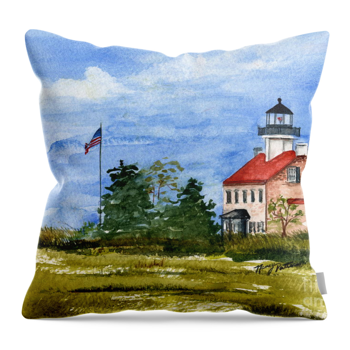 East Point Lighthouse Throw Pillow featuring the painting East Point In The Spring by Nancy Patterson