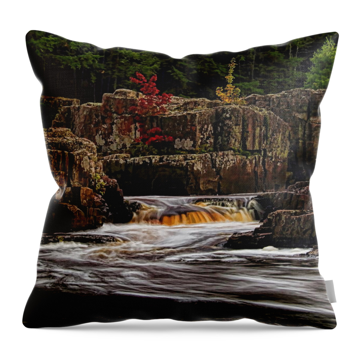 Autumn Throw Pillow featuring the photograph Waterfall Under Colored Leaves by Dale Kauzlaric