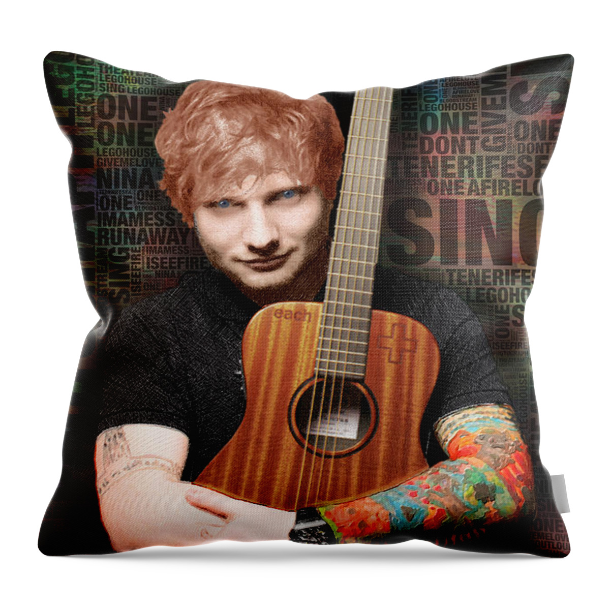 Edward Christopher Sheeran Throw Pillow featuring the painting Ed Sheeran and Song Titles by Tony Rubino