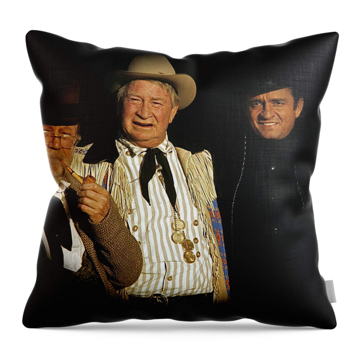 Edgar Buchanan Chills Wills Johnny Cash Porch Old Tucson Az Western Wear Andy Devine Duster Vignetting Throw Pillow featuring the photograph Edgar Buchanan Chills Wills Johnny Cash porch Old Tucson Arizona 1971-2008 by David Lee Guss